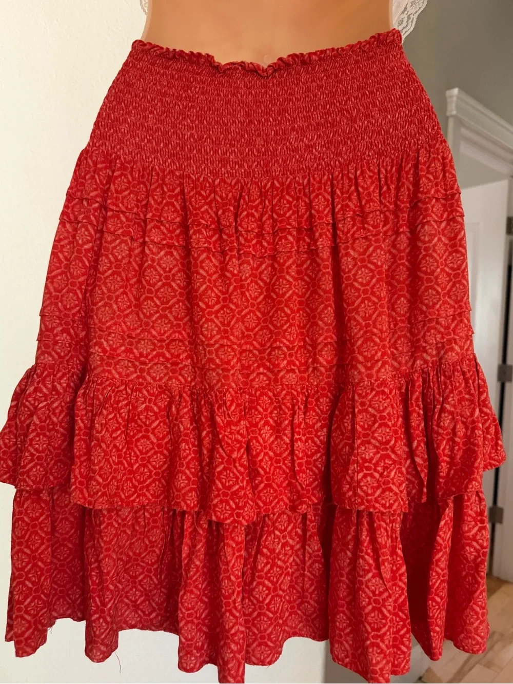 Lauren Ralph Lauren Coral Orange Smocked Tiered Ruffle Mini Skirt Boho Size 8